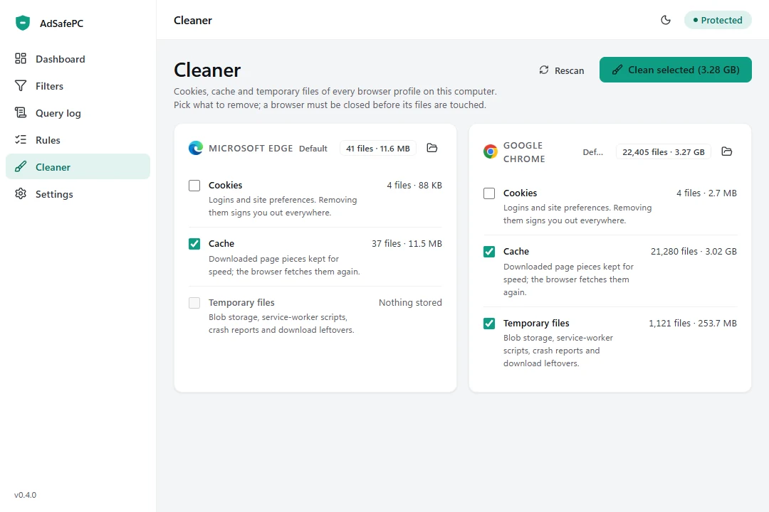 Cleaner page with a card per browser profile showing cookies, cache and temporary files with counts and sizes